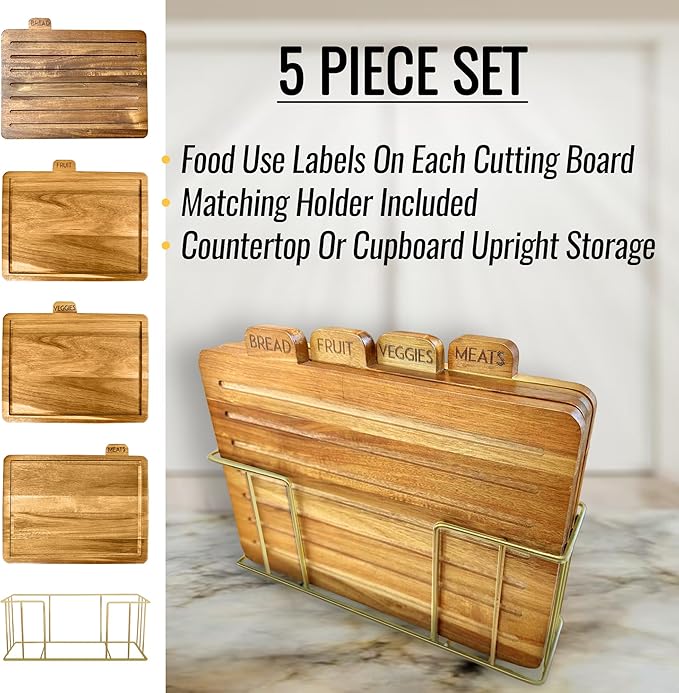 Acacia Cutting Boards for Kitchen with Holder 13" x 11" x 2.5" | Labeled Wood Cutting Board Sets | Large Wooden Cutting Board Set of 4 with Gold Organized Stand | Non Toxic Chopping Board