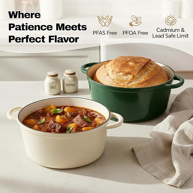 6 Quart Dutch Oven Pot with Lid, Non Stick Enameled Cast Iron Dutch Oven for Bread Baking, Heavy-Duty, Oven Safe Ceramic Cookware Up to 500°F for Baking, Braising, Stews, Roasting, Beige