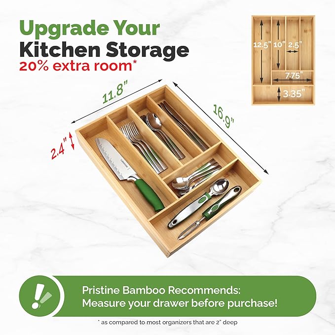 Silverware tray organizer– Flatware Utensil Cutlery Silverware Holder for Drawer – Small Extra-Deep Wooden Kitchen Drawer Organizer Divider for Spoons Forks Knives cutleries (6-Slots)