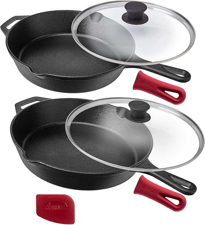 Cuisinel Cast Iron Skillet Set - 10" + 12" Frying Pan + Glass Lids + 2 Handle Cover Grips - Pre-Seasoned Oven Cookware - Indoor/Outdoor Use - Grill, Stovetop, Induction, Camping. PFAS and PFOA-free