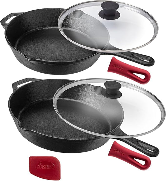 Cuisinel Cast Iron Skillet Set - 10" + 12" Frying Pan + Glass Lids + 2 Handle Cover Grips - Pre-Seasoned Oven Cookware - Indoor/Outdoor Use - Grill, Stovetop, Induction, Camping. PFAS and PFOA-free