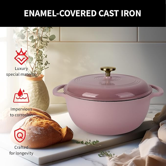 Premium Enameled Cast Iron Dutch Oven for Bread Baking | Non-Stick 5.5QT Oval Bread Oven with Lid | Perfect for Sourdough, Loaf, and Artisan Baking (Round Pink, 5.5 QT)