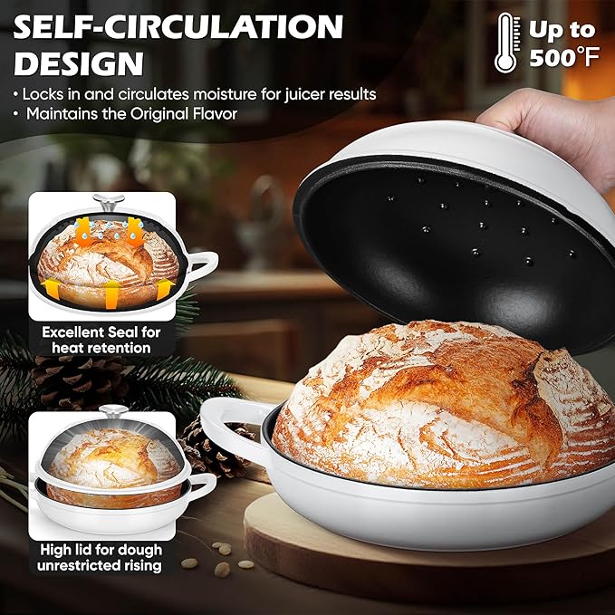Bread Dutch Oven for Sourdough Baking (5.5 QT), Joyfair Enameled Cast Iron Dutch Oven Pot with Lid, Sourdough Bread Pan with Heavy Duty Dual Handles, Non-Stick & Even Heat, Oven-safe up to 500°F White