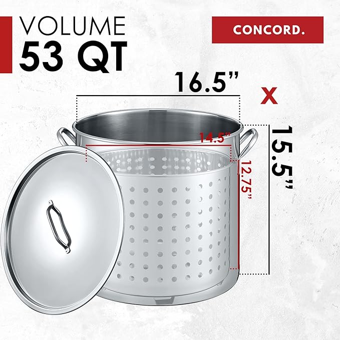 CONCORD 53 QT Stainless Steel Stock Pot w/Basket. Heavy Kettle. Cookware for Boiling