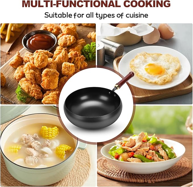 Gugxiom Suntuup Japanese Iron Pan, 28cm Cast Iron Wok, with Spatula, 2 Covers to Choose From, for Pots On Electric Stoves/Induction Cookers/Gas Stoves (Wooden lid)
