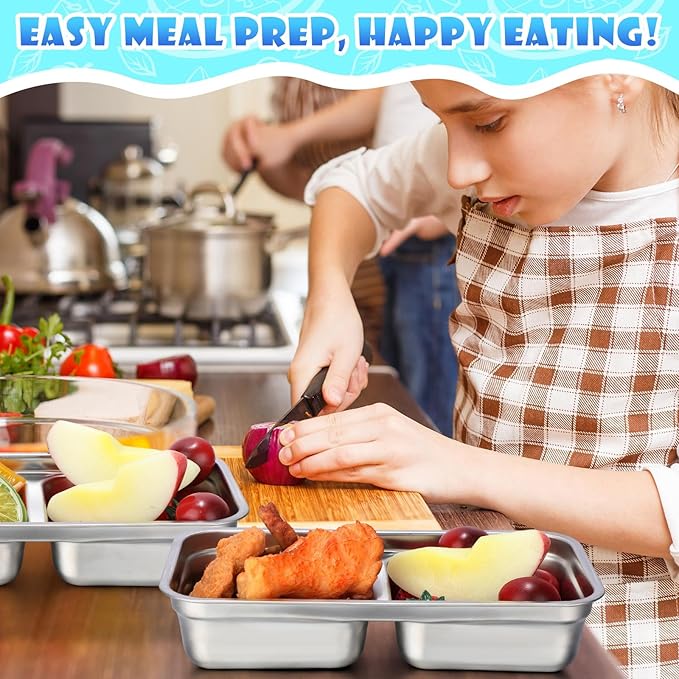 6 Pcs Stainless Steel Snack Containers 30 oz 2-compartment Meal Prep Containers Reusable Metal Divided Bento Box with Silicone Lids Leakproof Lunch Box Dishwasher Safe (Blue)
