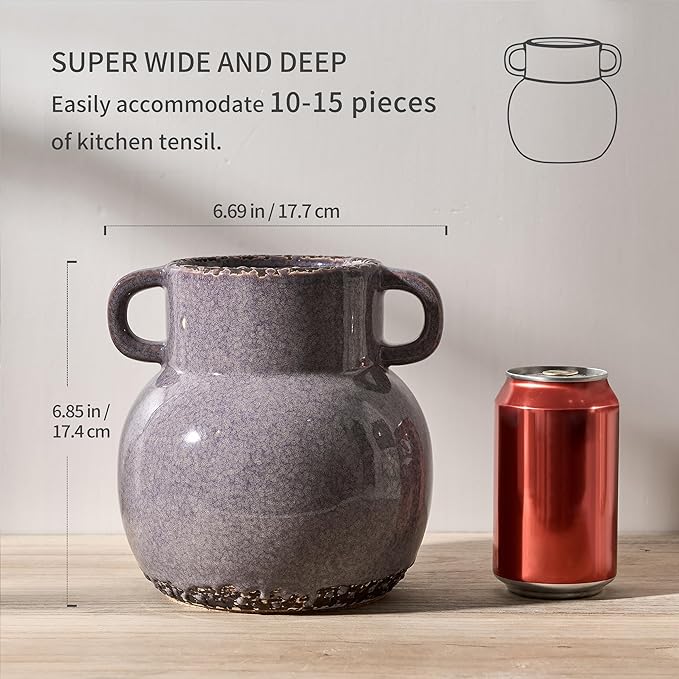 JIEMEI HOME Kitchen Utensil Holder with Handle, 6.85" Ceramic Farmhouse Stable Utensil Crock for Countertop, Utensil Organizer with Cork Bottom, Spatula Holder For Kitchen Decor, Purple