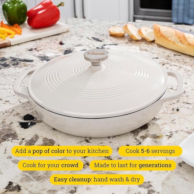 Lodge 3.6 Quart Enameled Cast Iron Round Casserole With Lid– Dual Handles – Oven Safe up to 500° F or on Stovetop - Use to Marinate, Cook, Bake, Refrigerate and Serve – Oyster White