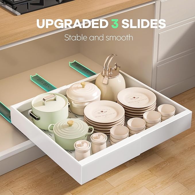 4 Pack Pull out Cabinet Organizer 21"Deep with Raising Pad for Framed Cabinets, Expandable Slide out Drawers for Kitchen Cabinets with 4pcs Divider Racks, Roll out Shelves 12.1"-20.4" W White