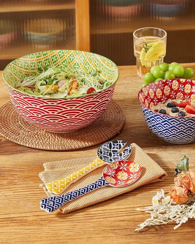 Ceramic Mixing Bowls for Kitchen, Colorful Nesting Bowls, Large Serving Bowls for Prepping, Baking, Mixing, Salad, Microwave Dishwasher Safe, 3.7/2.3/1.4 Qt, Set of 3