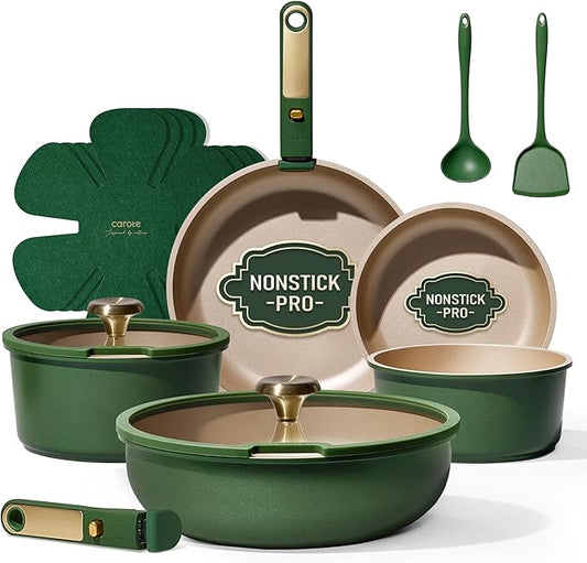 CAROTE Green&Gold Nonstick Cookware Set,15Pcs Pots and Pans Set Non Stick Detachable/Removable Handle,Kitchen Cooking Set Dishwasher Safe, RV Kitchen Pot and Pan, Induction Cookware