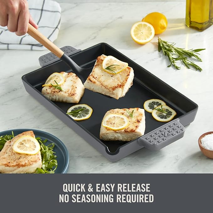 DASH Zakarian by Dash 9"x13" Nonstick Cast Iron Pan with Pour Spout and Removable Silicone Grips for Searing, Baking, Broiling, Grilling and more - Grey