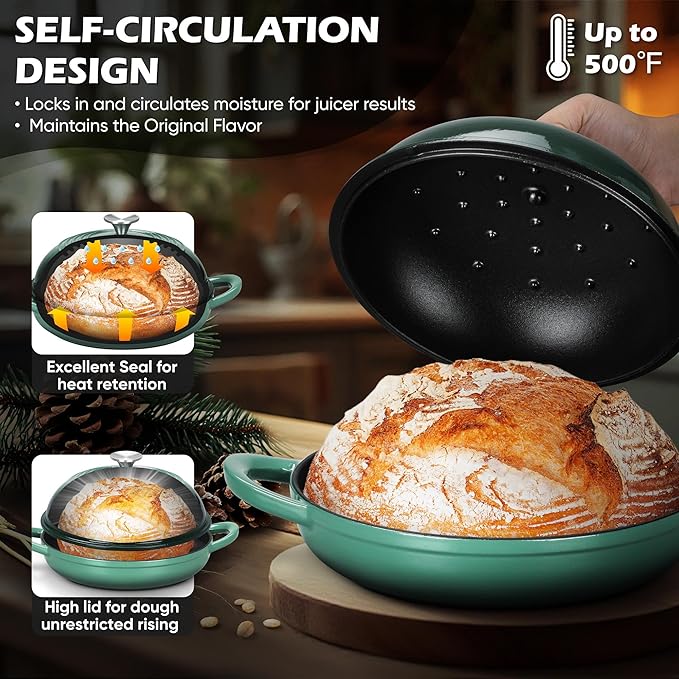 Bread Dutch Oven for Sourdough Baking (5.5 QT), Joyfair Enameled Cast Iron Dutch Oven Pot with Lid, Sourdough Bread Pan with Dual Handles, Non-Stick & Even Heat, Oven-safe up to 500°F, Olive Green