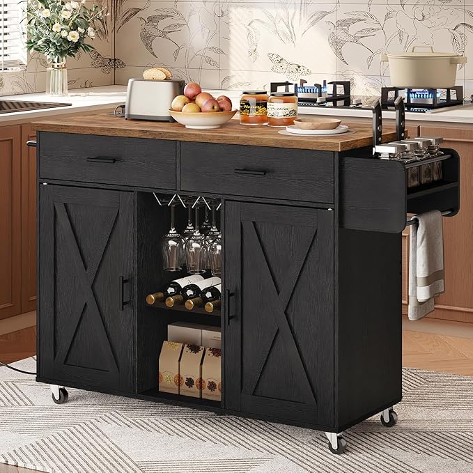 HOOBRO Kitchen Island on Wheels, Rolling Kitchen Island with Power Outlet, Island Table with Storage Cabinet, 2 Drawers, Spice Rack and Towel Rack, Black and Rustic Brown BF14UZD01