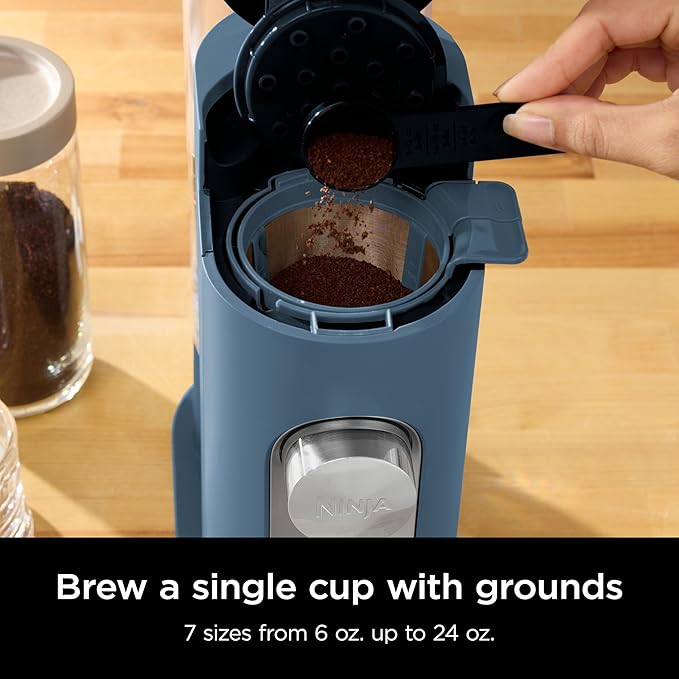 Ninja Pods & Grounds Single-Serve Coffee Maker, K-Cup Pod Compatible, 56-oz. Reservoir, 6-oz. Cup to 24-oz. Travel Mug Brew Sizes, Iced Coffee Maker, Blue, PB041BL