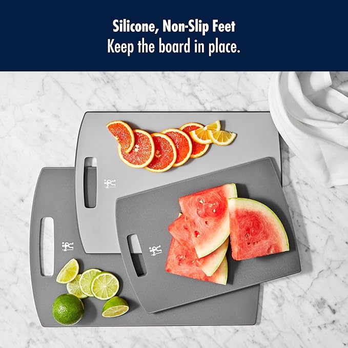 HENCKELS Cutting Board Set, 3-Piece Plastic Kitchen Chopping Boards with Gray Trim, Non-Slip Silicone Feet, BPA-Free, Dishwasher Safe