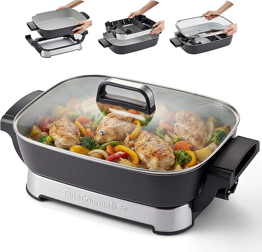 Elite Gourmet 15" x 12" x 3" Stow-Away Foldable Electric Skillet, Ceralast™ PFAS Free Ceramic, 1500W Rapid Heat, Dishwasher Safe Pan & Lid, Black/Grey