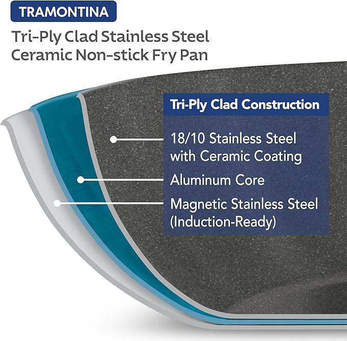 Tramontina Signature 8-Inch Tri-Ply Clad Stainless Steel Small Frying Pan with Ceramic Non Stick Interior, Induction-Ready Nonstick Skillet, Oven-Safe, Made in Brazil
