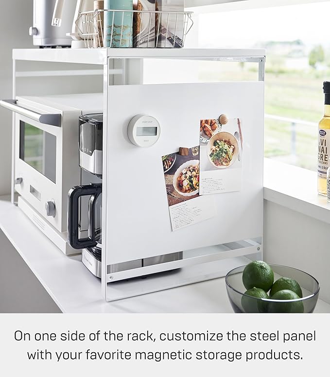 YAMAZAKI Home Kitchen Appliance Rack, Microwave Stand With Steel Side Panel, Adjustable Shelves, Hooks & Storage For Countertops, Small Kitchen Organizer, Modern Minimal Design - Steel