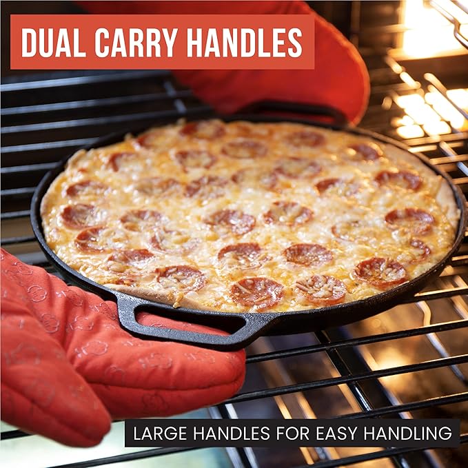 Chef Pomodoro Cast Iron Pizza Pan, Pre-Seasoned 12 inch Cast Iron Skillet with Handles, Dosa Pan for Dosa Tawa Roti, Crepe Pan, Comal for Tortillas, Baking Stove, Oven, Grill BBQ and Campfire