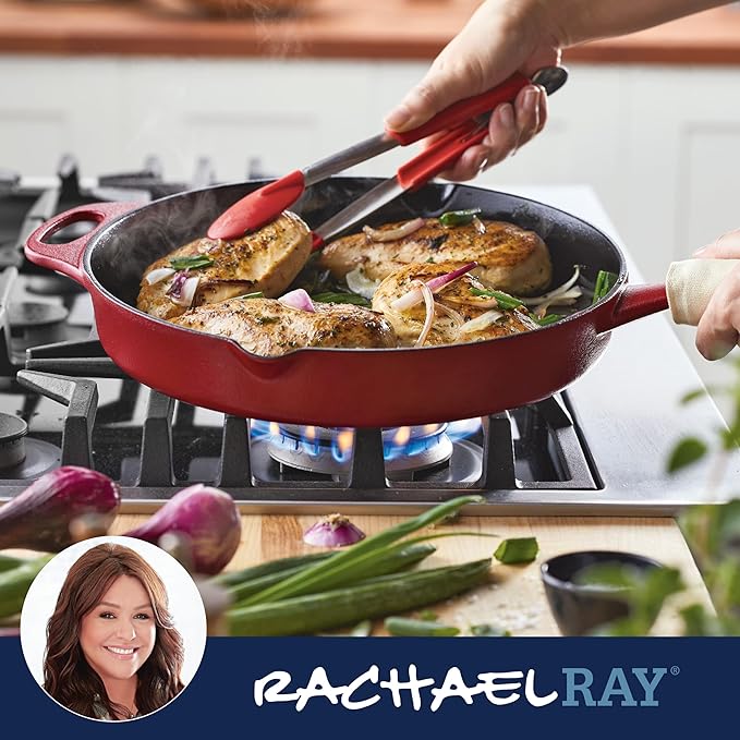 Rachael Ray NITRO Cast Iron Frying Pan/Skillet with Helper Handle and Pour Spouts, 12 Inch, Red