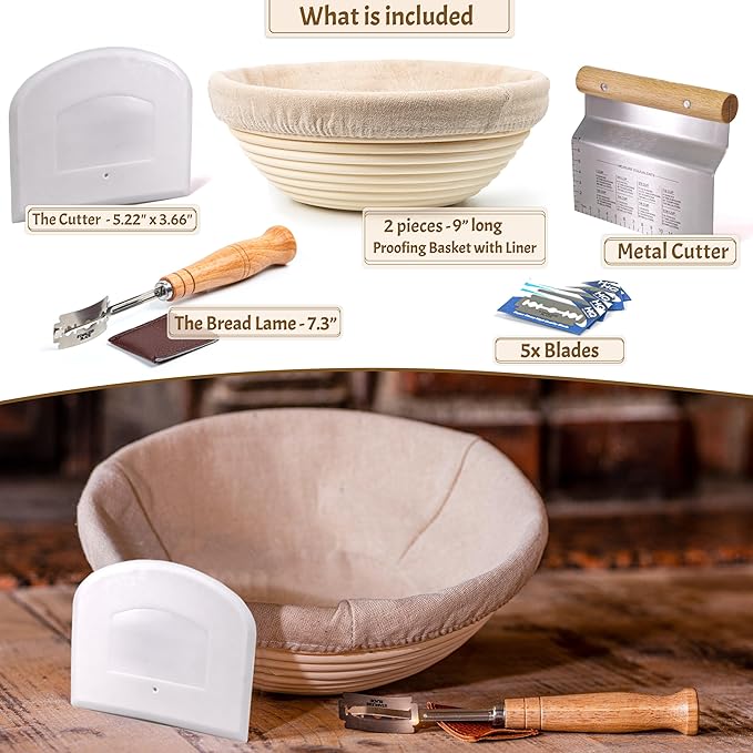 Round Banneton Bread Proofing Basket Set of 2 – 9” Natural Rattan Baskets with Linen Liners, Bread Lame & Dough Scrapers – Classic Sourdough Baking Set for Home Bakers