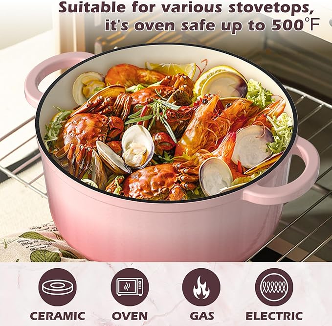 Umite Chef Enameled Cast Iron Dutch Oven-7QT Pot with Lid Cookbook & Cotton, Heavy-Duty Cookware for for Bread Baking, Braising, Stews, Marinate, Cook(Pink)