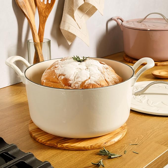 Bloomhouse - Two Time Oprah's Favorite Things Winner - 7 Qt Cast Iron Dutch Oven W/Embossed Lid, European Enamel, & Walnut Wood Trivet - Oat White
