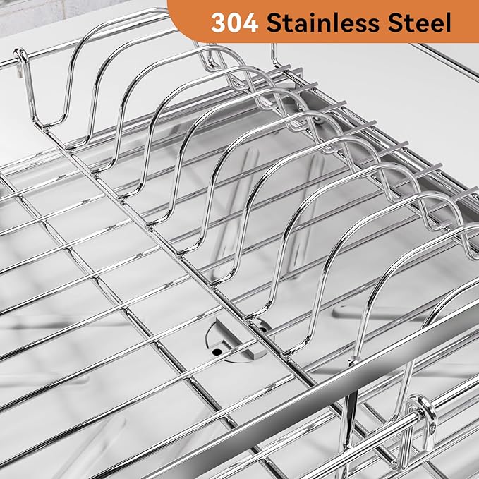 Dish Drying Rack, 304 Stainless Steel Expandable Dish Drainer for Kitchen Counter, Space-Saving with Utensil Holder, Gray