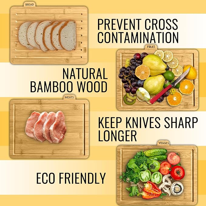 Wood Cutting Board Set with Holder 13"x11"x 3" | Wooden Cutting Boards for Kitchen | Labeled Chopping Board Sets | Large Bamboo Cutting Board Sets with Stand | Chopping Boards for Kitchen