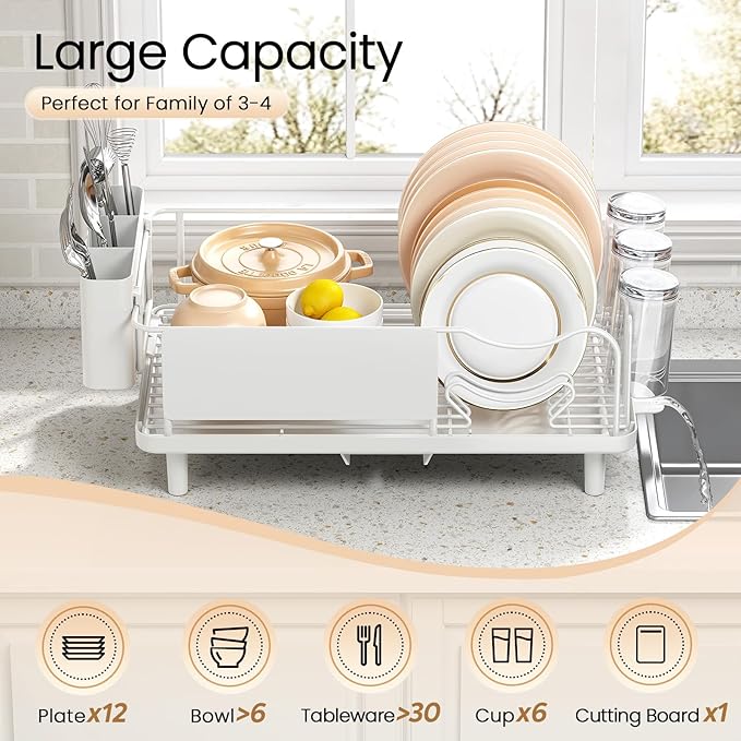 Dish Drying Rack Large Capacity - Stainless Steel Dish Rack for Kitchen Counter with Drain Board, Rustproof Dish Drainer with Auto Drain Spout, Utensil Holder & Glass Holder, Dinnerware Organizer