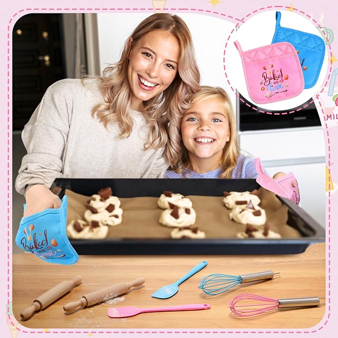 24 Pcs Kids Mini Baking Supplies with Kitchen Utensil, Pot Holders, Spatula, Rolling Pin, Whisk for Kids Classroom School Exchange Party Favors (Medium)