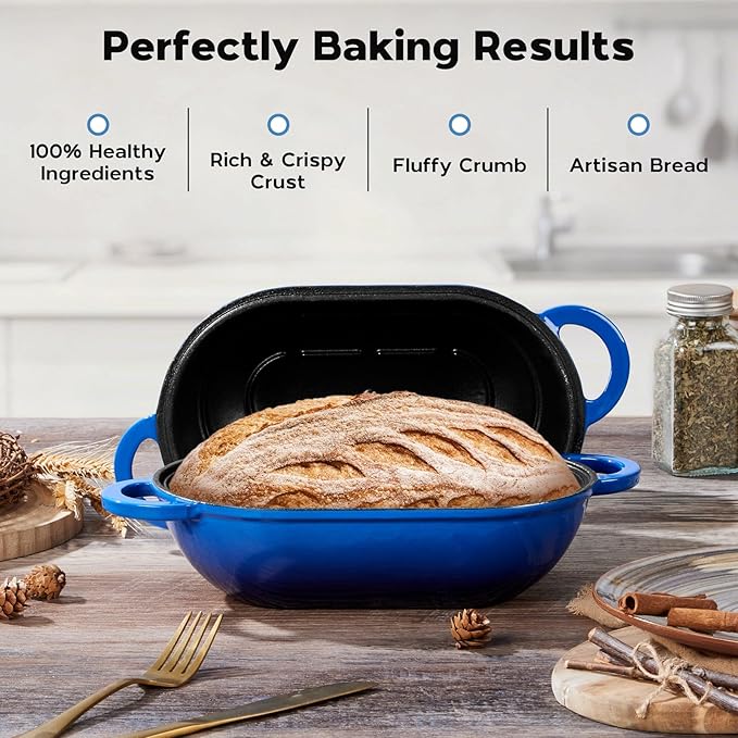 Onader Enameled Cast Iron Oval Dutch Oven Pot with Lid, 2.8QT Dutch Oven for Sourdough Bread Baking, Cast Iron Bread Pan, 9x5-1/2 Inch Loaf Meatloaf Pan, Heavy Duty - Blue