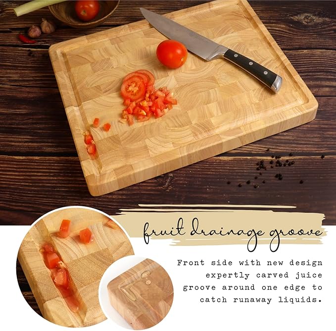 End Grain Cutting Board (20 x 15 x1.5 inch) Extra Large & Thick, End Grain Built-In Compartment and Juice Canal, Heavy Duty Chopping Board, Thick Carving Board for Bread Fruits Meat