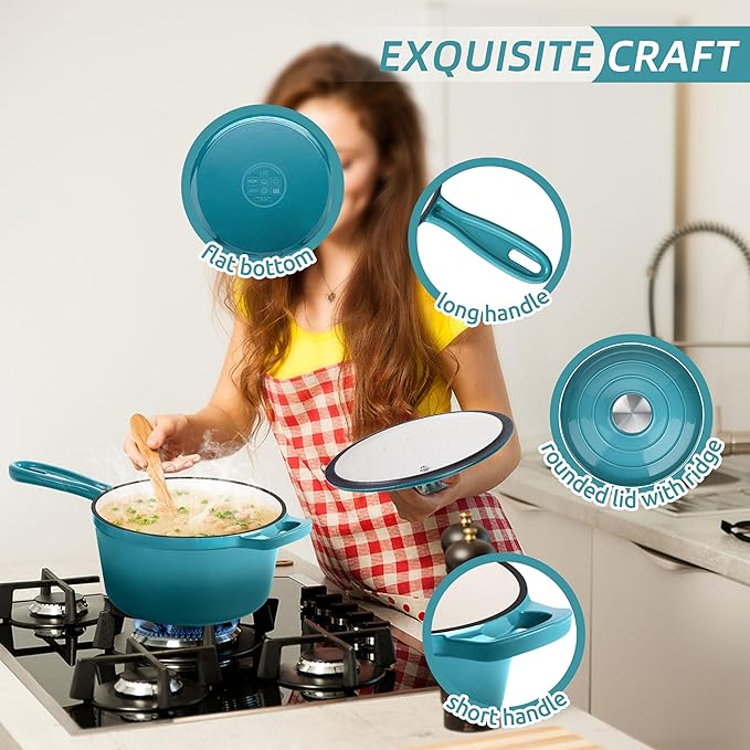 HaSteeL 3 QT Cast Iron Saucepan, Enamel dutch oven with lid, Small Non Stick Pan for Milk, Pasta Tomato Sauce, Butter, Breakfast, Soup, Suitable for Boiling Stewing Frying, Easy to Clean, Green