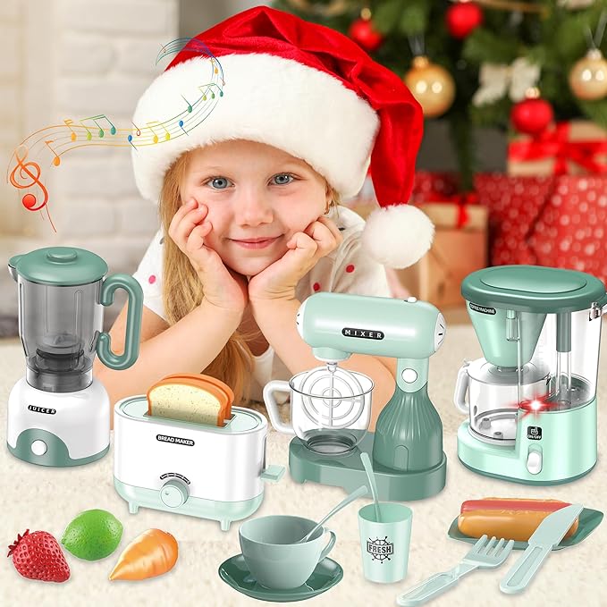 Kids Play Kitchen Accessories, Pretend Play Kitchen Appliance Toy Set with Coffee Maker, Toaster, Blender, Mixer, Kitchen Toys with Light & Sound, Play Kitchen Sets for Kids Ages 3 4 5 6