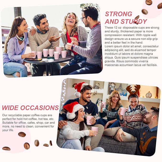 Patelai 48 Pcs 12 oz Disposable Coffee Cups with Lids and Sleeves Bulk, Insulated Hot Chocolate Paper Cup for Hot and Cold Beverage Water Juice Cocoa Tea Party Restaurants Travel Supplies (Pink)