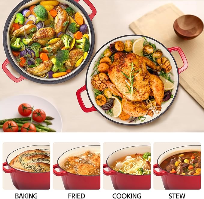 2 in 1 Enameled Cast Iron Dutch Oven Pot 6QT with 2QT Lid - Big Dual Handles - Oven Safe up to 500°F - Classic Round Pot for Versatile Cooking Red