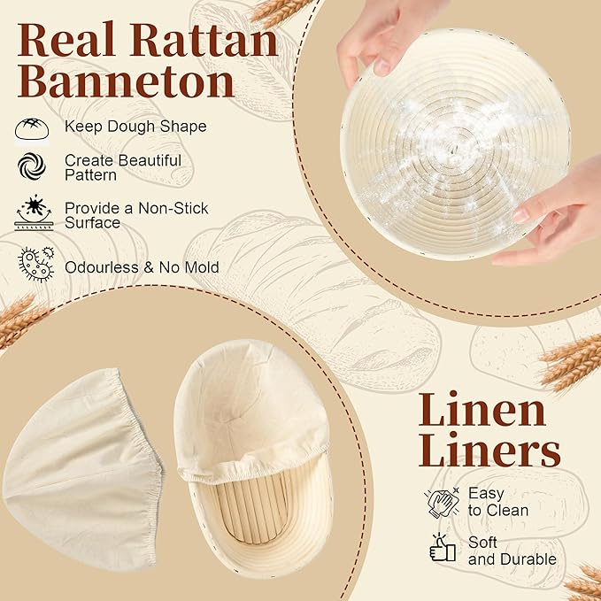 Banneton Bread Proofing Basket Set, 9" Round & 10" Oval Sourdough Bread Baking Supplies, Sourdough Starter Kit, Bread Making Tools Gift Set for Beginner Professional Bakers