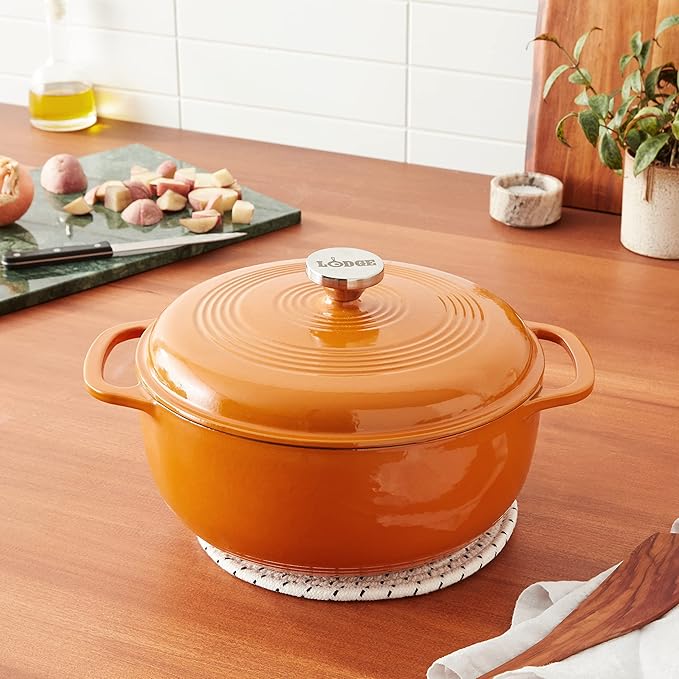 Lodge Essential Enamel Cast Iron Dutch Oven - Perfect for Bread Baking, Braising, Marinating & Slow Cooking - Features Moisture-Sealing Lid & Dual Handles - Kitchen Essentials - 6 Quarts - Apricot