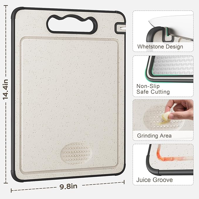 Double Sided 304 Stainless Steel & Wheat Straw Cutting Board, 14.4"*9.8" Non Toxic Lightweight Chopping Board, Separately Handle Meat and Vegetables, Dishwasher Safe, Scratch Resistant Mesh Design