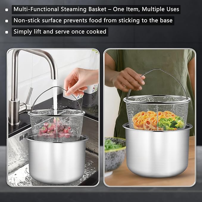 6 Quart Stainless Steel Inner Pot, Compatible with Instant Pot 6 Quart Certain Models, 0 coating, Includes 1 6 QT Inner Pot and 1 Steamer Basket.3 Year Warranty.Not Compatible With CrockPot.