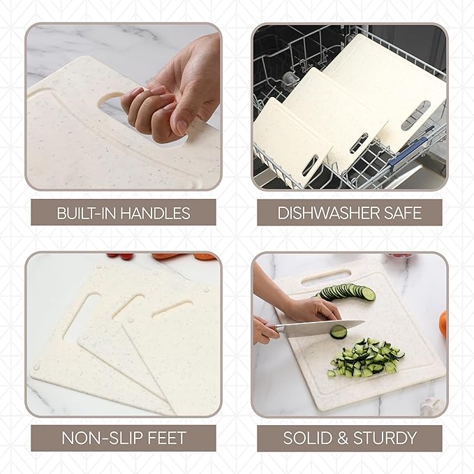 COOK WITH COLOR Non-Slip Cutting Board Set – Kitchen Essentials with Easy Grip Handle for Meat, Veggies, and Fruits, 3 Cutting Boards, Speckled White