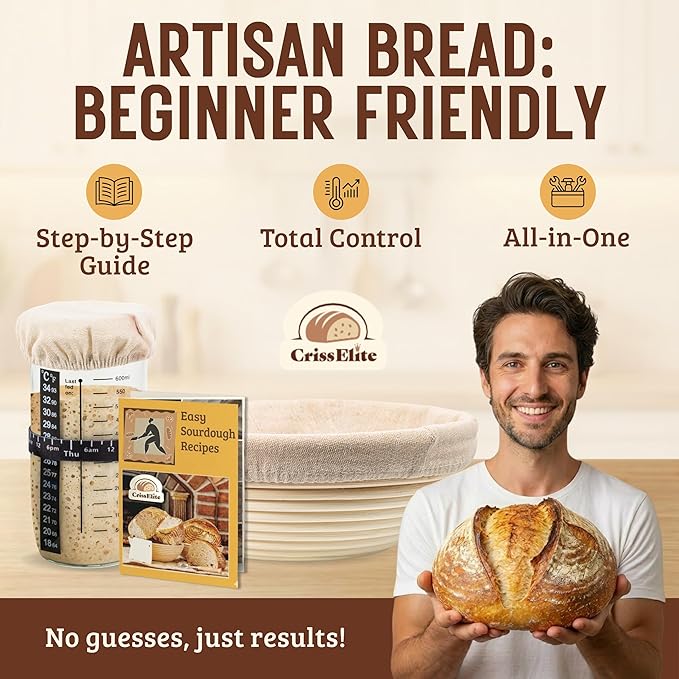 Sourdough Starter Kit for Beginners – Banneton Bread Proofing Basket Round 9” with 24oz Glass Sourdough Starter Jar & Sourdough Bread Baking Supplies