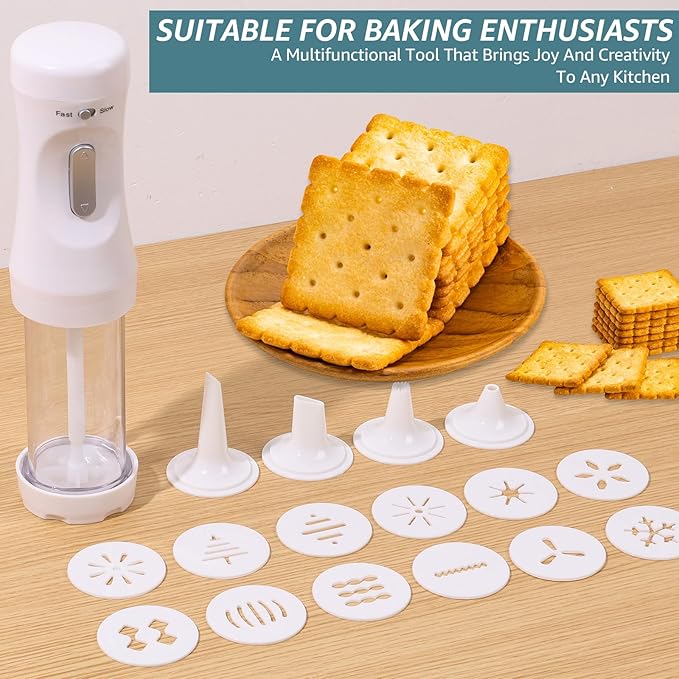 Electric Cookie Press Gun，DIY Cookies Maker Set with 12 Cookie Discs and 4 Icing Nozzles, Electric Cookie Press Decorating Kit for Baking Biscuit Maker