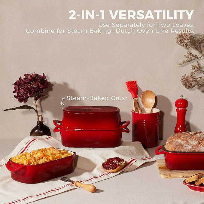 HONGBAKE Everline Collection 2 in 1 Enameled Cast Iron Loaf Pan with Lid, 9x5 Bread Pans for Baking Homemade Sourdough, Non-Toxic Large Loaf Tins, Even Heating Bread Dutch Oven, Red