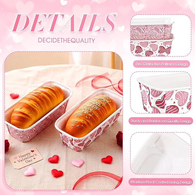 Honeydak 100 Sets Mini Loaf Baking Pans Bulk Paper Loaf Pans for Baking 6.3 x 2.2 x 2.2 in Heart Cookie Disposable Serving Tray Treat Pattern Party Supplies(Romantic)