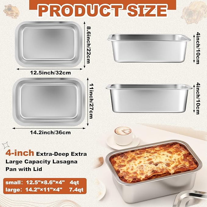 2 Pack 4 Inch Extra Deep Lasagna Baking Pan with Lid, 11"x14.2" 7.4qt & 8.6"x12.5" 4qt Rectangular Large Stainless Steel Nonstick Lasagna Roasting Pans Set Deep Baking Dish Set for Oven