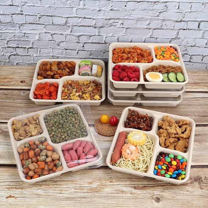 37 OZ Sugarcane Fiber 4 Compartments disposable plates with Lids Bagasse Plant Fibers Freezer Safe 25 PACK