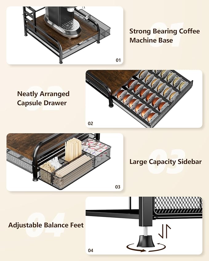 Coffee Station Organizer with Pod Drawer, 40 Pods for Nespresso /28 Pods for K Cup, Coffee Mug Holder with 9 Hooks & 1 Extra Storage Basket, Coffee Bar Organizer for Keurig Machine, Kitchen, Cafe